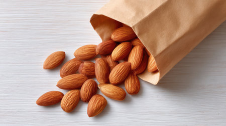 Almonds spilling from a paper bag onto a light wooden surface, viewed from above with open spaceの素材