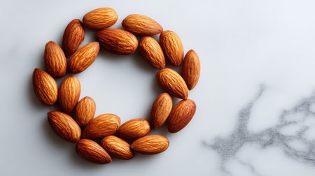 Almonds placed in a circular pattern on a marble slab, viewed from above with blank center spaceの素材