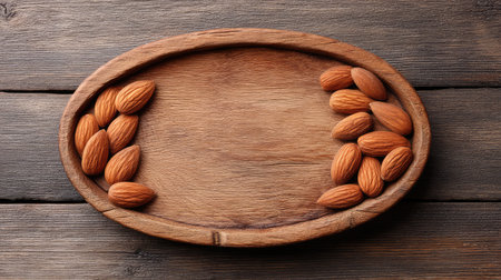 Almonds arranged neatly on a rustic wooden tray with room left blank for text overlayの素材