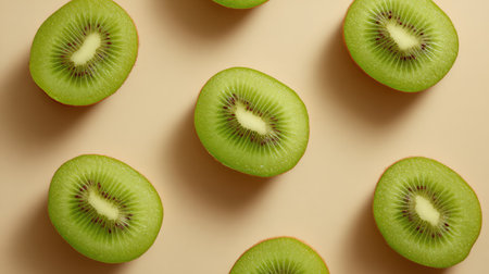 Artistic flat lay of green kiwi slices on a neutral surface, copy space left clear in centerの素材