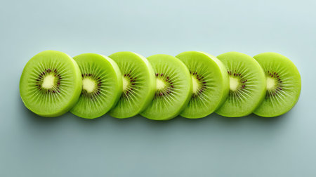 Artistic flat lay of green kiwi slices on a neutral surface, copy space left clear in centerの素材