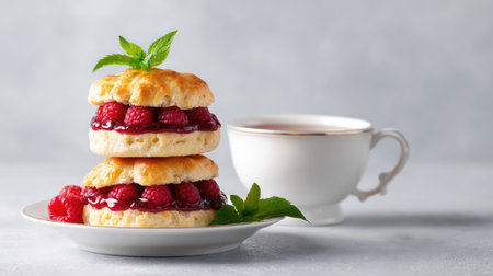 Afternoon tea set against a bright white backdrop, stacked scones and raspberry tarts, open space aboveの素材