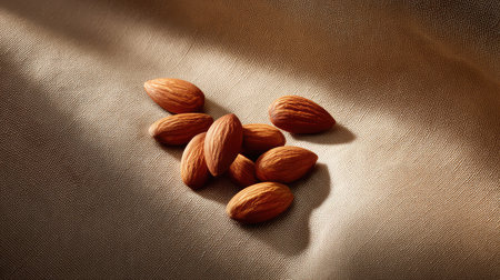 Artistic scatter of almonds on a linen cloth with shadows and negative space for overlayの素材
