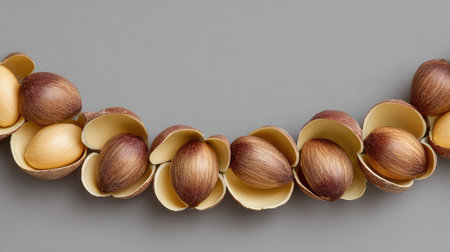 Almonds and almond shells forming a border around the frame edges on neutral backgroundの素材