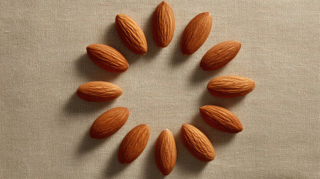 Artistic top-down view of almonds arranged around a blank center on natural linen fabricの素材
