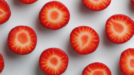Artistic overhead view of strawberry halves arranged in geometric pattern with clean backgroundの素材