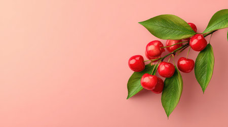 Artistic composition of cherries and green leaves on light pastel background, viewed from above with open spaceの素材
