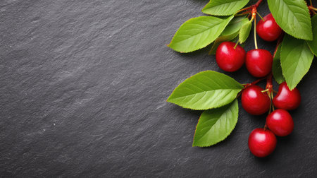 Artistic scatter of cherries and leaves on textured stone surface with copy spaceの素材