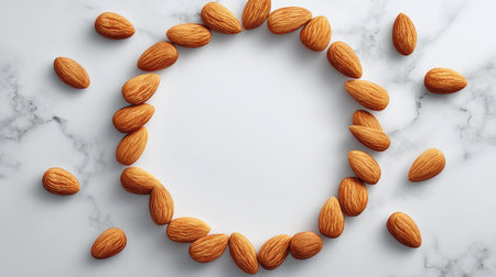Almonds placed in a circular pattern on a marble slab, viewed from above with blank center spaceの素材