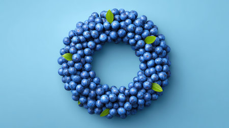 Blueberries arranged in a neat circle on a pastel background with empty center space for layoutの素材