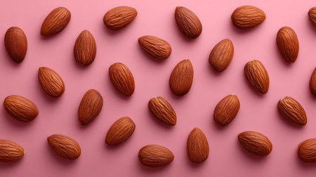 Artistic overhead shot of almonds in neat rows on pastel surface with ample negative spaceの素材