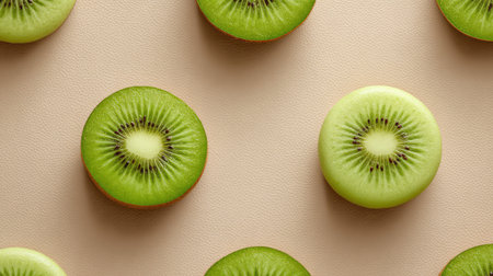 Close-up top view of kiwi rounds arranged in a pattern on beige fabric with space for layoutの素材