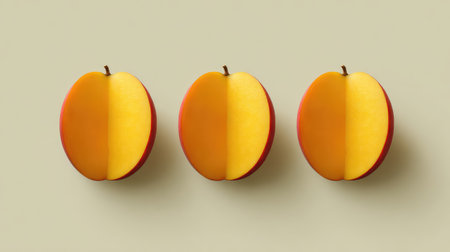 Bright top view with symmetrical mango slices on neutral background and central space for overlayの素材