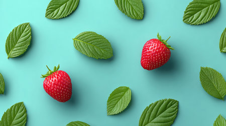 Clean composition of strawberries and green leaves scattered on pastel background, top view with copy spaceの素材