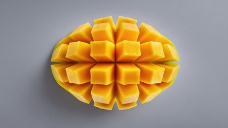 Bright top view with symmetrical mango slices on neutral background and central space for overlayの素材
