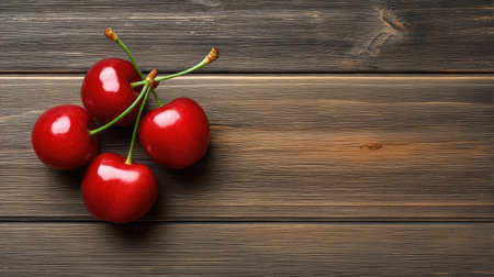 Clean flat lay of cherries on a natural wood board with copy space above, viewed from topの素材