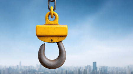 Crane hook hanging mid-air above construction site, with empty space in top sky areaの素材