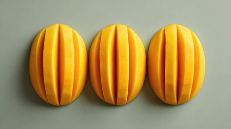 Bright top view with symmetrical mango slices on neutral background and central space for overlayの素材