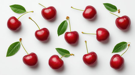 Close overhead shot of ripe cherries with stems and leaves arranged in a pattern on white backgroundの素材