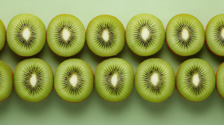 Composition of kiwi rings in a perfect grid from top view on a soft colored surface with blank areaの素材