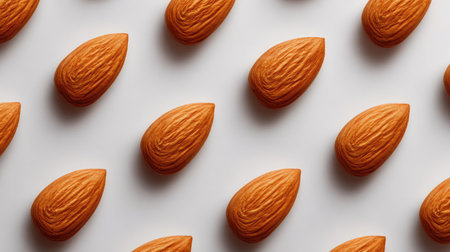 Flat lay of almonds arranged in geometric pattern on white background with blank spaceの素材
