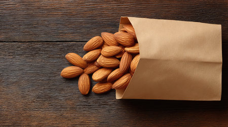 Flat lay of almonds spilling from a brown paper bag on rustic wooden table with blank areaの素材