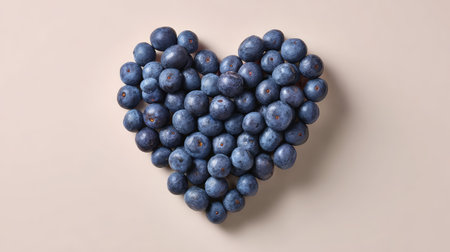 Flat lay of blueberry arrangement forming a heart shape on a pale backdrop with spaceの素材