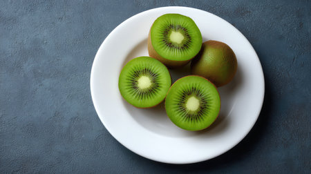Flat lay of kiwi fruit around empty ceramic plate on textured surface, leaving clean centerの素材