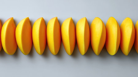 Mango fruit sliced and arranged in rows on a clean background, viewed from directly aboveの素材