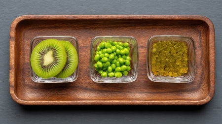 Flat lay of sliced kiwi and small glass bowls on wooden tray, top view with background roomの素材