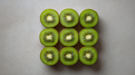 Green kiwis neatly arranged in a top-down view on light concrete with space for visual designの素材