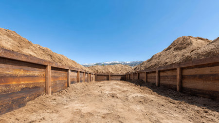 Foundation walls of a new structure with wooden bracing and dirt mounds, sky open aboveの素材