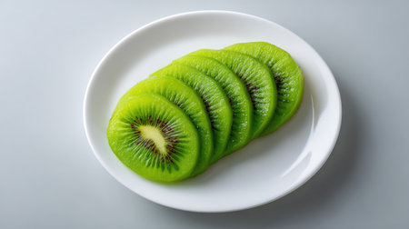 Fresh sliced kiwi arranged diagonally on a white plate, top view with copy space on one sideの素材