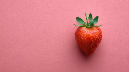 Minimalist overhead shot of single strawberry on pastel background with ample empty spaceの素材