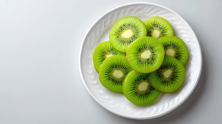 Fresh sliced kiwi arranged diagonally on a white plate, top view with copy space on one sideの素材