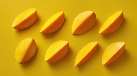 Juicy mango slices placed randomly on a yellow board, flat lay with white space for designの素材