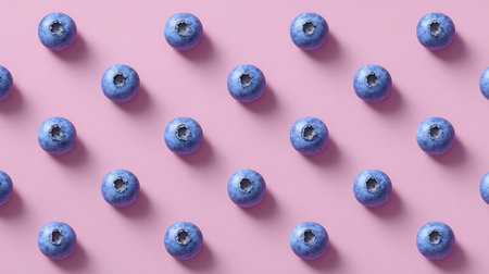 Pattern of blueberries laid evenly across pale pink surface, flat lay with layout spaceの素材