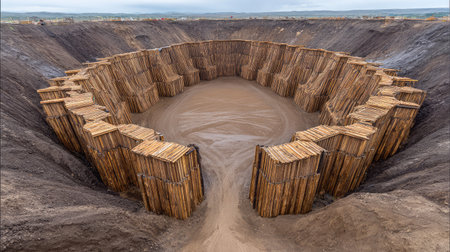 Large excavation pit surrounded by wooden forms and rebar, central dirt area open for layout useの素材