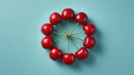 Overhead shot of cherries arranged in a neat circular pattern on a pastel background with empty center spaceの素材