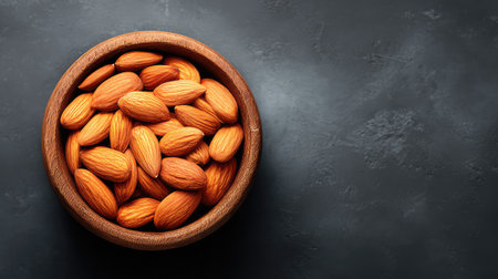 Overhead photo of almonds in a rustic wooden bowl surrounded by empty space for layout designの素材