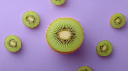 Single whole kiwi in the center surrounded by slices on a pastel background, top view copy zoneの素材