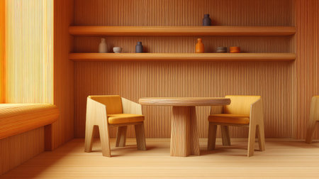 Peaceful interior of a local coffee shop with neutral wood elements and table area with clear spaceの素材