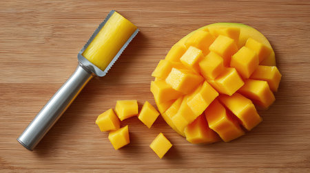 Top view of fruit preparation scene with chopped mango, peeler, and open tabletopの素材