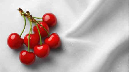 Top view of cherries with stems intertwined on a soft fabric background with clear space for textの素材