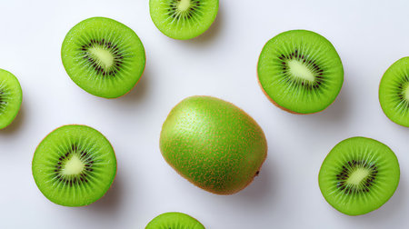 Whole and sliced kiwis scattered across a flat white tabletop, top view with ample clean spaceの素材