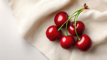 Top view of cherries with stems intertwined on a soft fabric background with clear space for textの素材