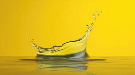 Yellow water splash effect on smooth surface with clean space around for product advertisementの素材