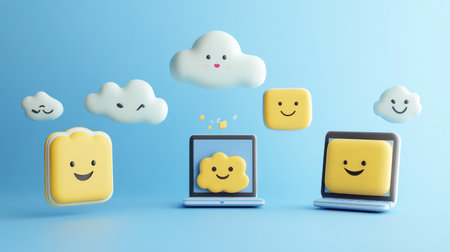 D render of digital devices and floating emoji and message bubbles above them, isolated on gradient blue backgroundの素材