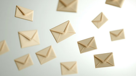 D illustration of flying email icons and envelope symbols on light background with wide space for branding or UI designの素材