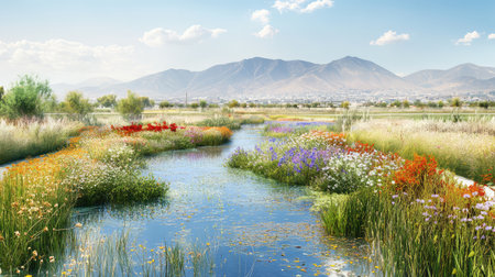 Agricultural ecosystem with ponds, crops, and wildflower patches, supporting biodiversity in an agroecological setup with clear space for copyの素材